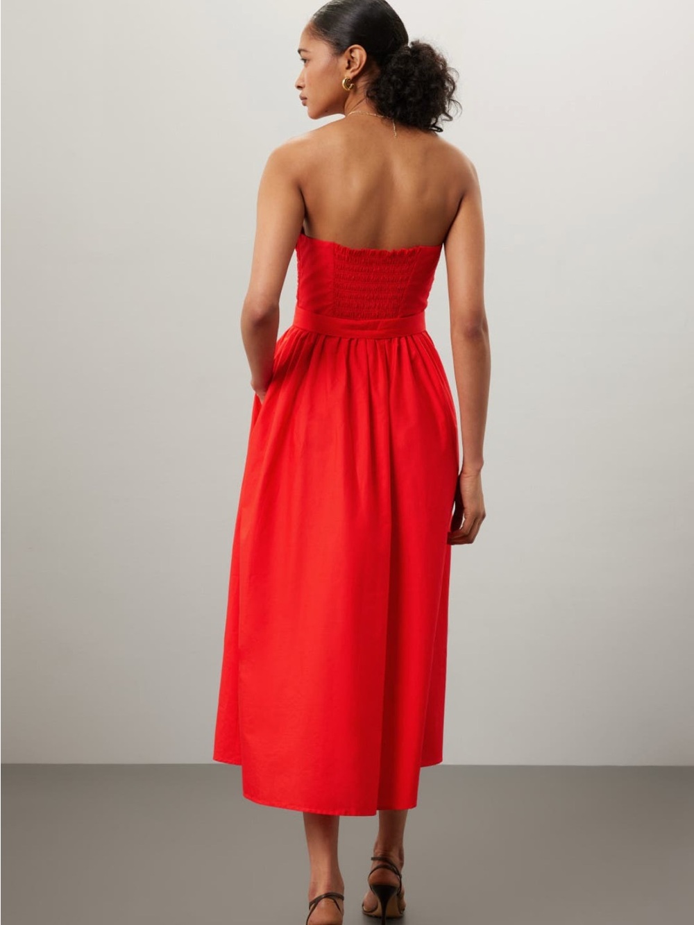 Strapless Orange Red maxi long Midi Dress with Waist Tie - Picture 2 of 3